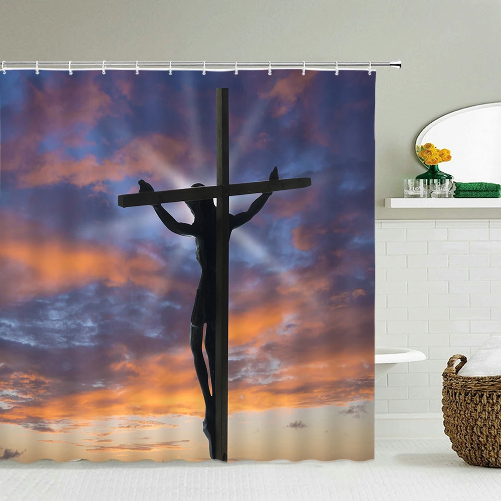

Jesus Christ Cross Shower Curtains Religious Belief Bath Curtain Home Decoration Waterproof Fabric Bathroom Screen with Hooks