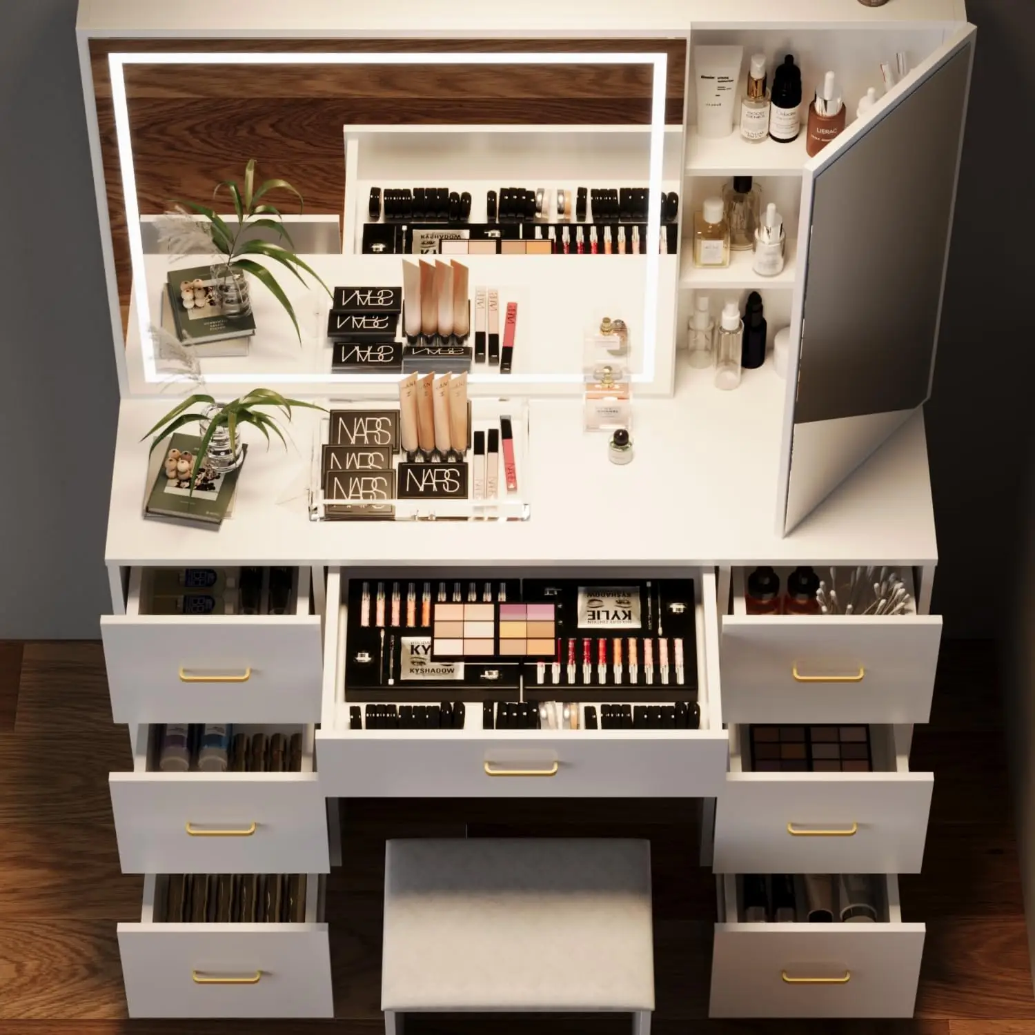 Description Picture 5 of itemLarge Lighted Vanity Desk with Stool, 7-Drawers Makeup Vanity with Mirror, Adjustable Brightness, Bedroom Vanity Set