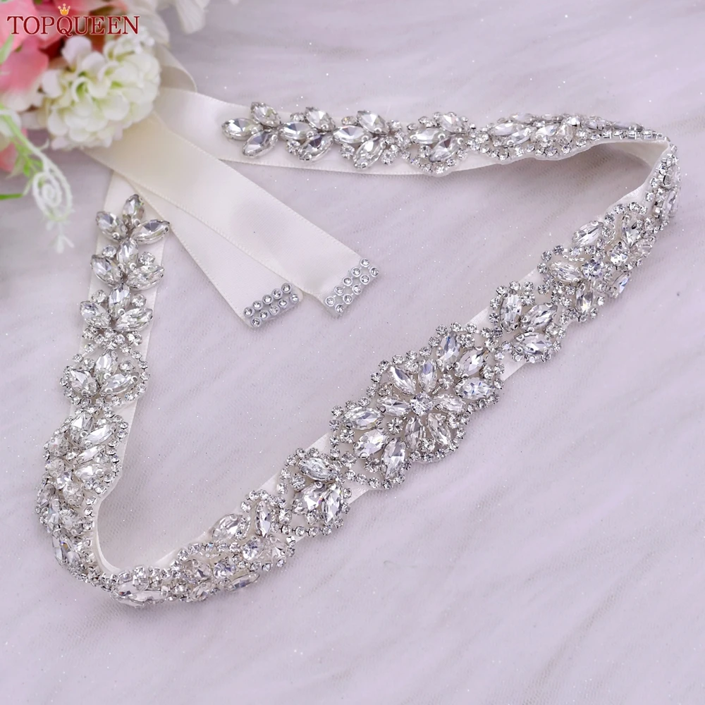 TOPQUEENS75BridalWeddingDressBeltSilverRhinestonesCrystal