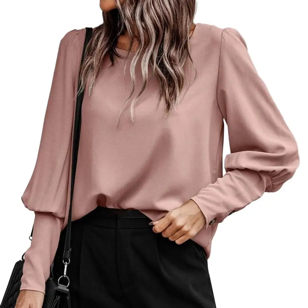 

Women Blouse Trendy Lantern Sleeve Button Closure Women Shirt Round Neck Lady Shirts & Blouses Top