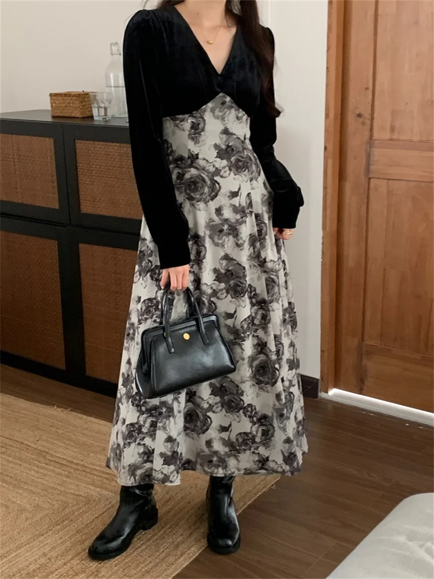 

Arazooyi Black Elegant Maxi Dress Women Velvet Vintage Slim New 2023 Daily Patchwork Florals Camping Chic Autumn Office Lady