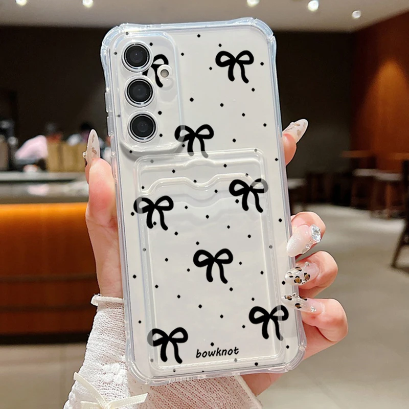 Elegant Black Bow Clear Card Wallet Phone Case with Enhanced Protection