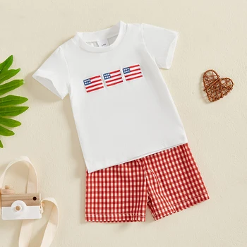Boys Patriotic Outfit Set Short Sleeve American Flag Embroidered Shirt Plaid Shorts Independence Day Clothing Set 2