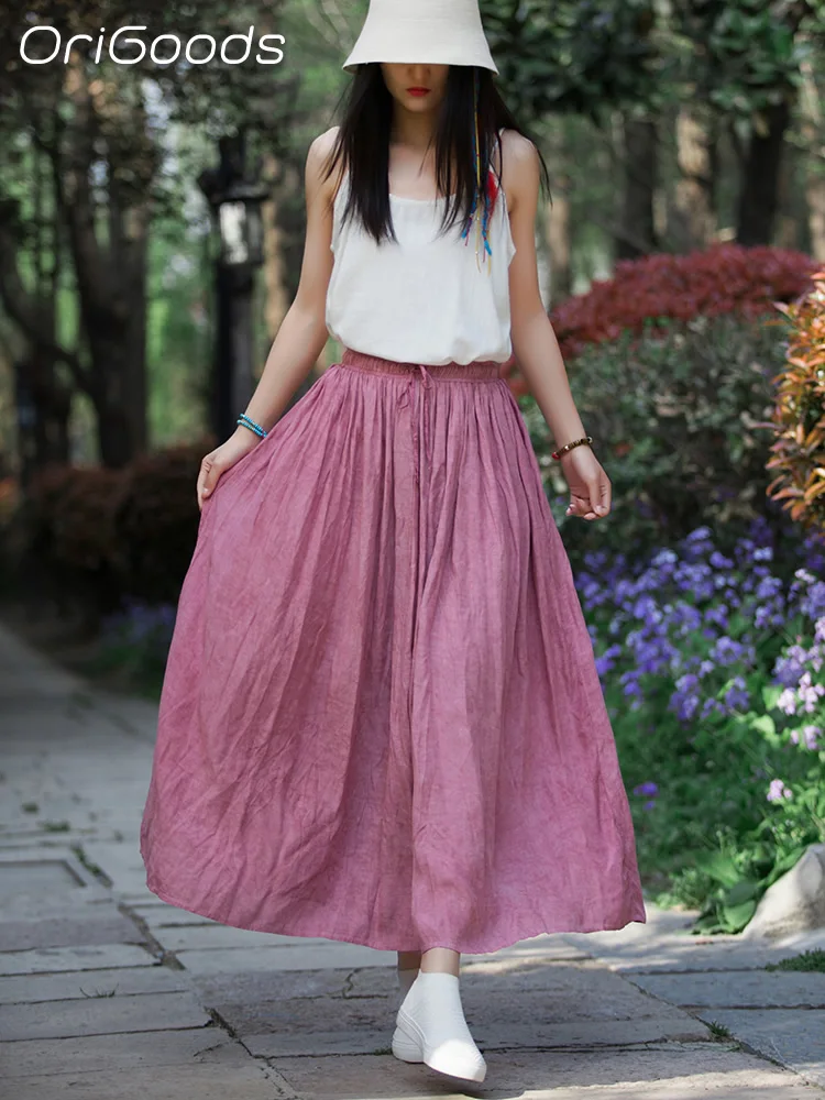 Origoods Tie Dye Skirt For Women Elastic Waist Linen Cotton Long Skirt Large Hem Casual Elegant