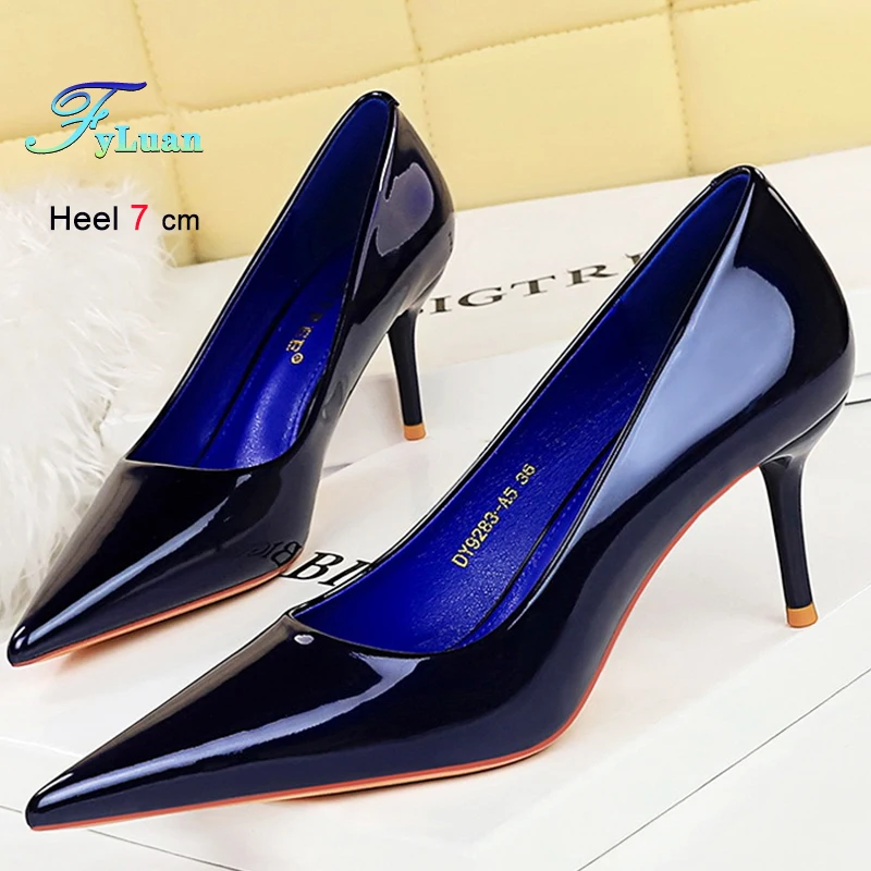 White Black Royal Blue Naked Color Heels 7cm Women Shoes Lacquer