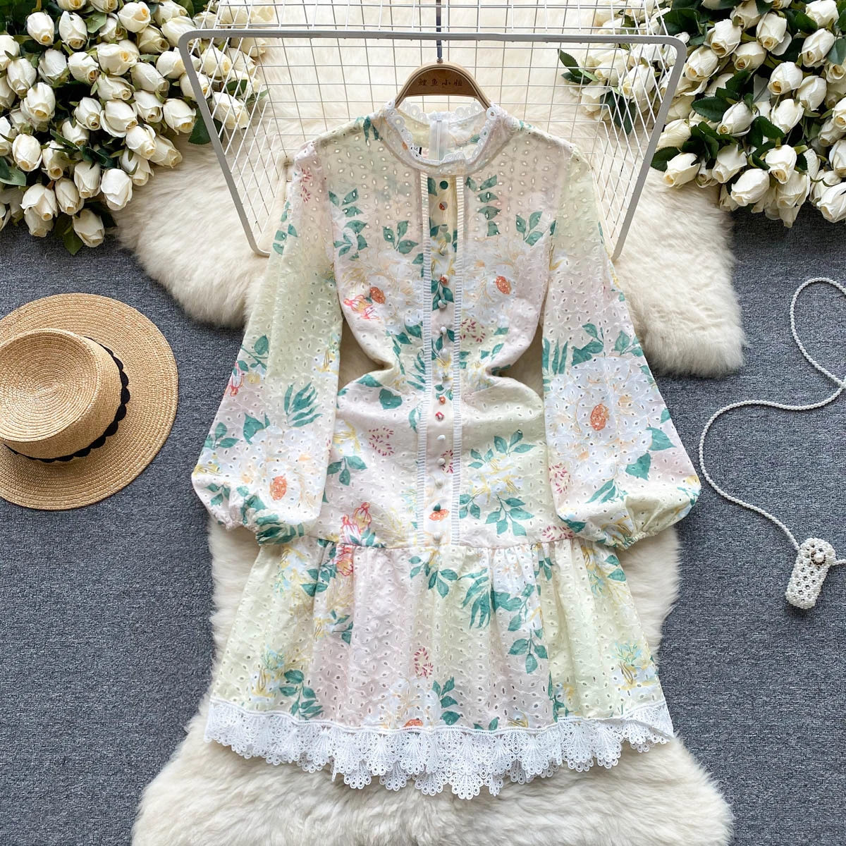 

French Retro Round Neck Lace Patchwork Hollowed Out Print Dress Women New Fashion Long Sleeve Slim Party Clothes Vestidos L133