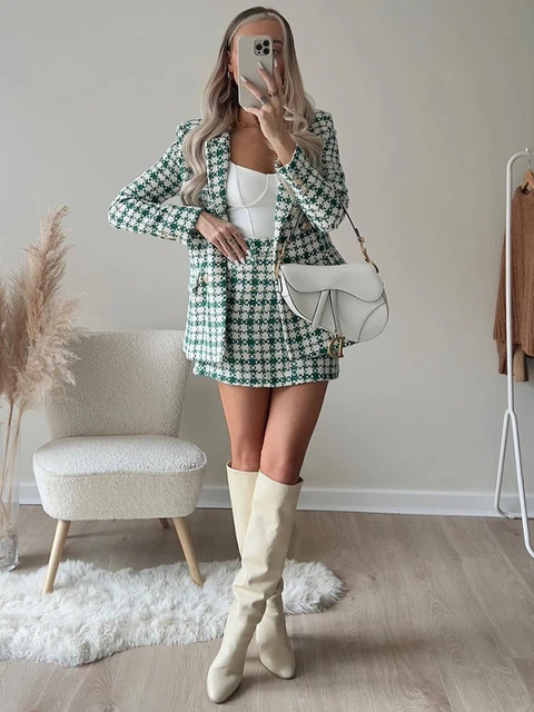 Women Elegant Check Tweed Skirt Set Suits Double Breasted Gold Button Blazer  And Belted Mini Skirts 2 Piece Sets Womens Outfits - AliExpress