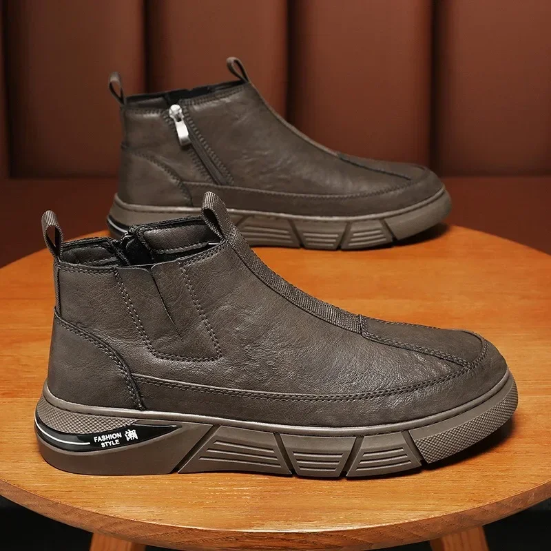 Men Sneakers Leather Shoes High-top Boots Anti-slip Wear-resistant Waterproof Motorcycle Men Safety Boot Chelsea Bota Masculina - 2