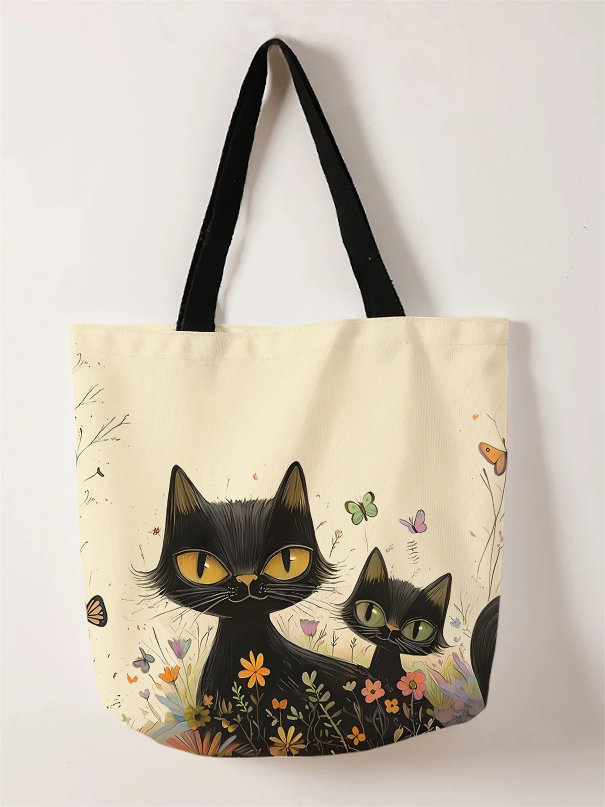 1 piece, black cat pattern handbag, reusable fashionable handbag, multifunctional handbag, printed canvas shopping bag