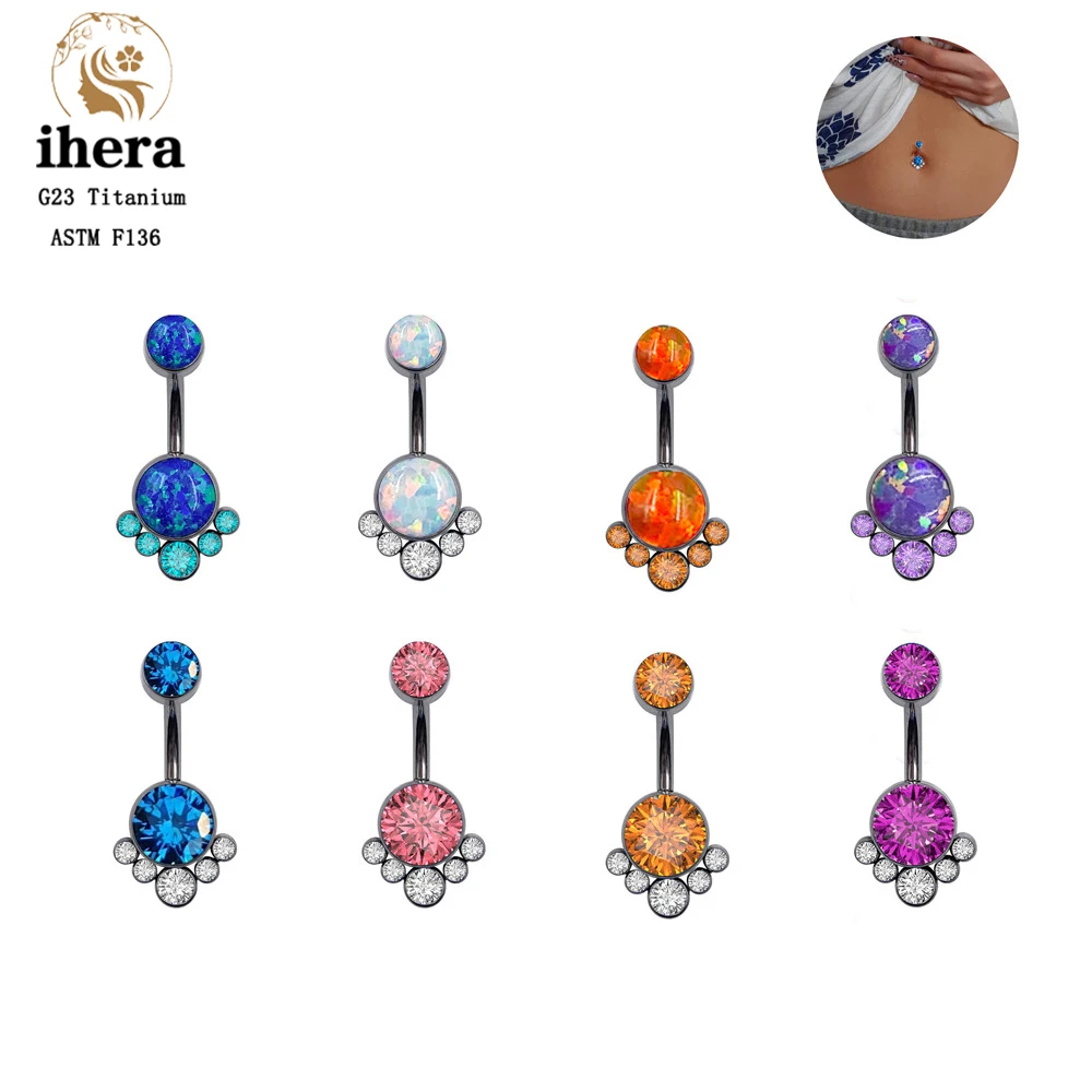 

Luxury Multicolor Gemstone Belly Button Rings G23 Titanium Inlaid Opal Belly Bar Body Piercing Jewelry Trendy Women Navel Ring