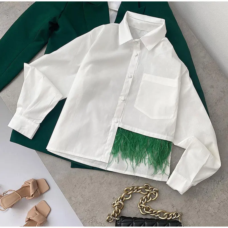 Women Style Solid White Shirts With Feather Office Lady Chic Long Sleeve Single Pocket Shirts Female Simple Laple Button Shirt