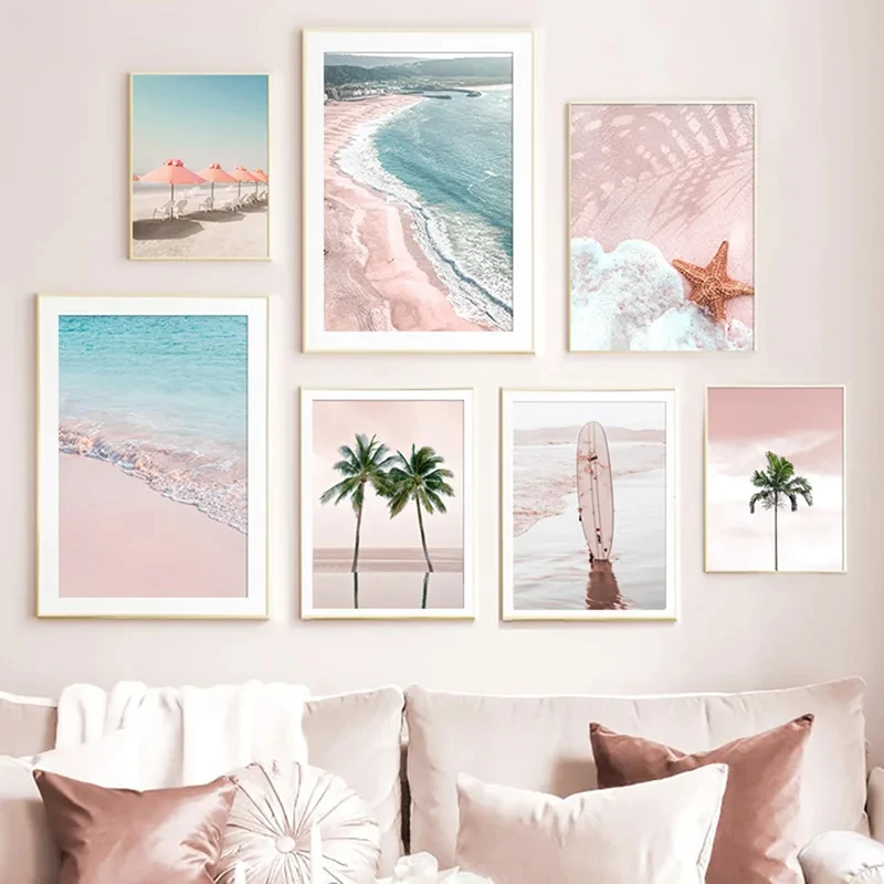 Pink Beach Sea Starfish Landscape Poster Coconut Tree Print Canvas Painting Modern Wall Art Picture For Living Room Home Decor flamingo wall art beach conch starfish sea landscape posters canvas painting bridge print nordic wall pictures living room decor