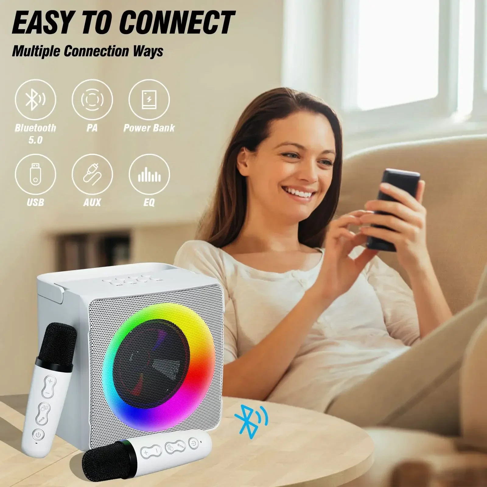 

Portable Bluetooth Speaker Karaoke Machine with 2 Wireless Karaoke Mics Controllable Lights Gift for Boy Girl Home Party Meeting
