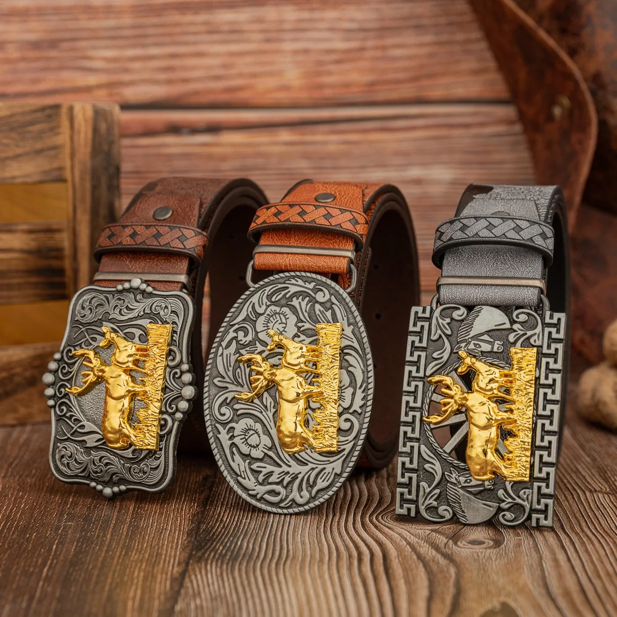 إبزيم بيضاوي مكون من 5 نقاط مجوفة، حزام منقوش من البولي يوريثان من Elk ذو اتجاه عتيق، حزام عالمي للرجال والنساء