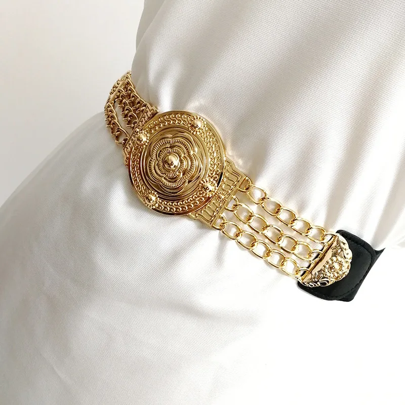 

Luxury Fashion Brand Elastic Waist Seal Flower Metal Chain Retractable Trend Belt Women's Dress Cool Street Dance Accessories