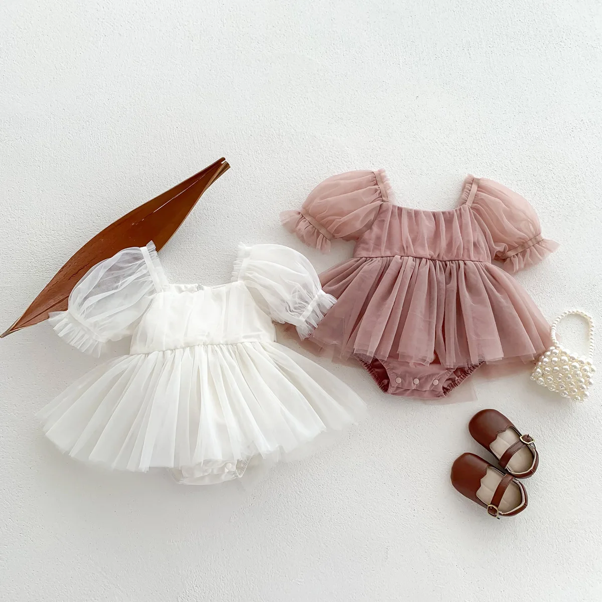 

Baby Summer Thin Puff Sleeve Mesh Big Bow Princess Dress Bodysuit Girl Infant Cotton Solid Fashion Onesie Kids Casual Clothes