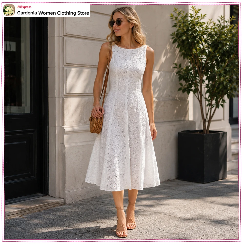 Elegante Abito Midi Ricamato con Occhielli da Donna, Vestito Bianco Estivo per Vacanze, Nuovo Abito Chic Senza Maniche con Scollo a Barca e Cut-out Posteriore