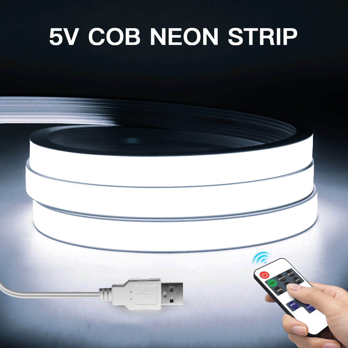 방수 순수 실리콘 튜브 COB LED 스트립 조명, USB 5V 리모컨 밝기 조..