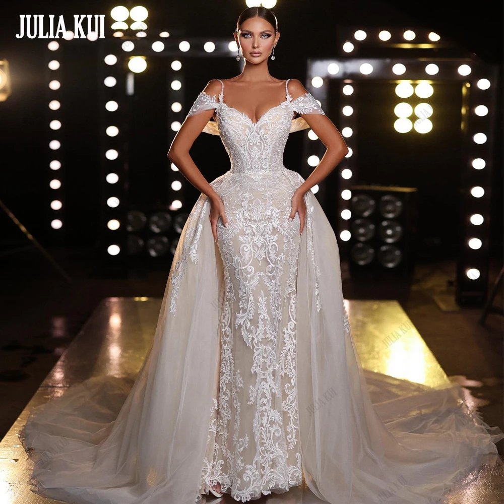 

Julia Kui Romance Puff 2 In 1 Trumpet Wedding Dresses Appliques Lace short sleeves Floral Prints Bridal Gowns Removable Train