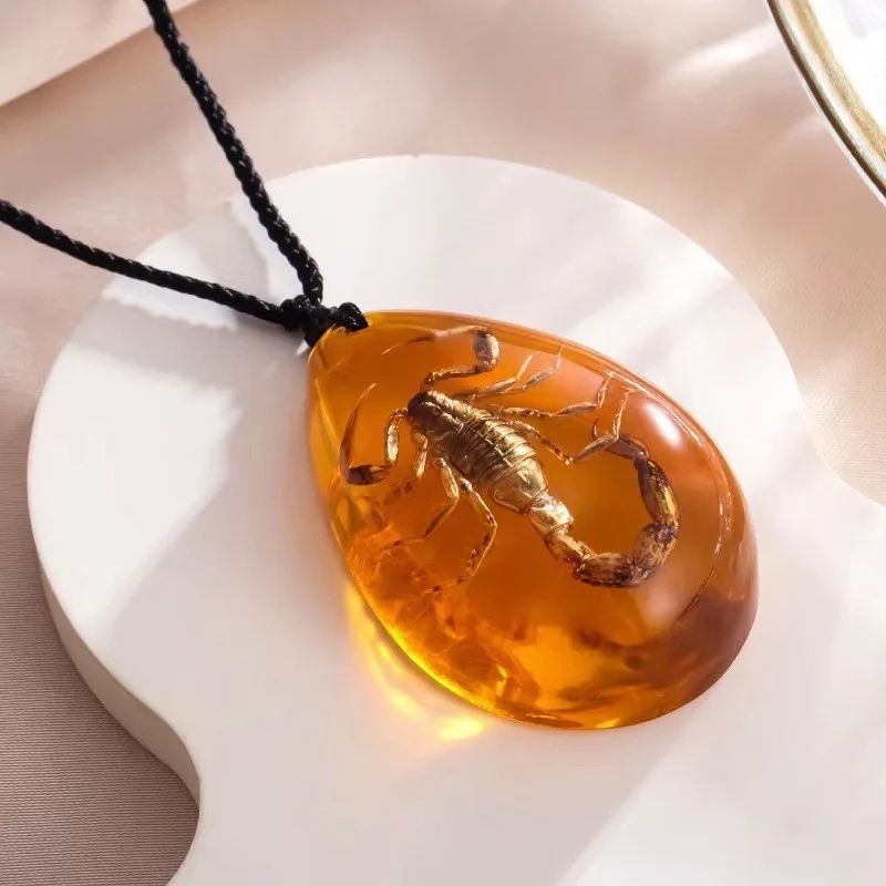 Creative Amber Scorpion Necklace Natural Insect Specimen Resin Droplet Shaped Pendant Sweater Chain Jewelry Pendant Jewelry Gift