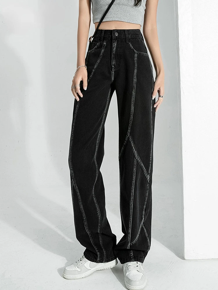 

Винтажные прямые черные джинсовые брюки Y2k с высокой талией в готическом стиле, модель 2023 года, Женская Повседневная Уличная одежда, стильные мешковатые джинсовые брюки