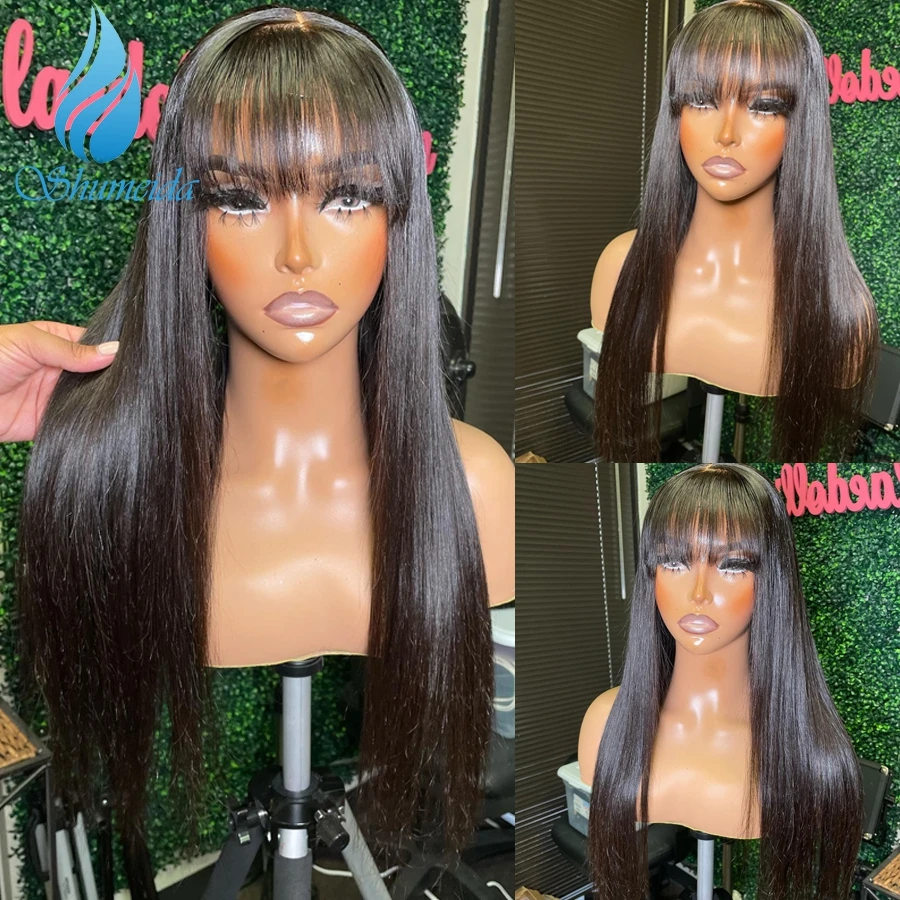 

Shumeida Natural Color 13*6 Lace Front Wigs with Bangs Brazilian Remy Straight Human Hair Glueless Wigs Baby Hair Pre Plucked