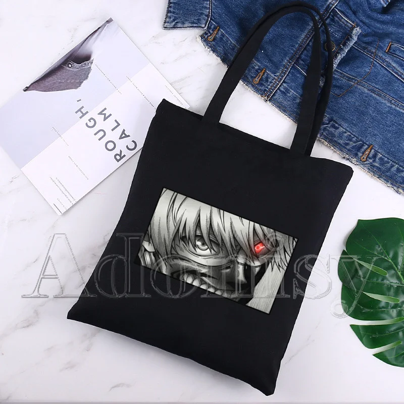 

Tokyo Ghoul Canvas Tote Bag for Female Handbags Eco Reusable Shopping Bag Student Book Bags Ladies Casual Shopper Bag Black