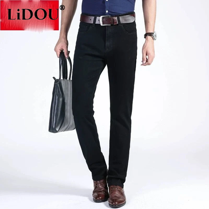 

2023 Spring Summer New Solid Color Pockets Zipper Office Straight Pants Man Thin Style Cowboy Cotton Casual All-match Trousers