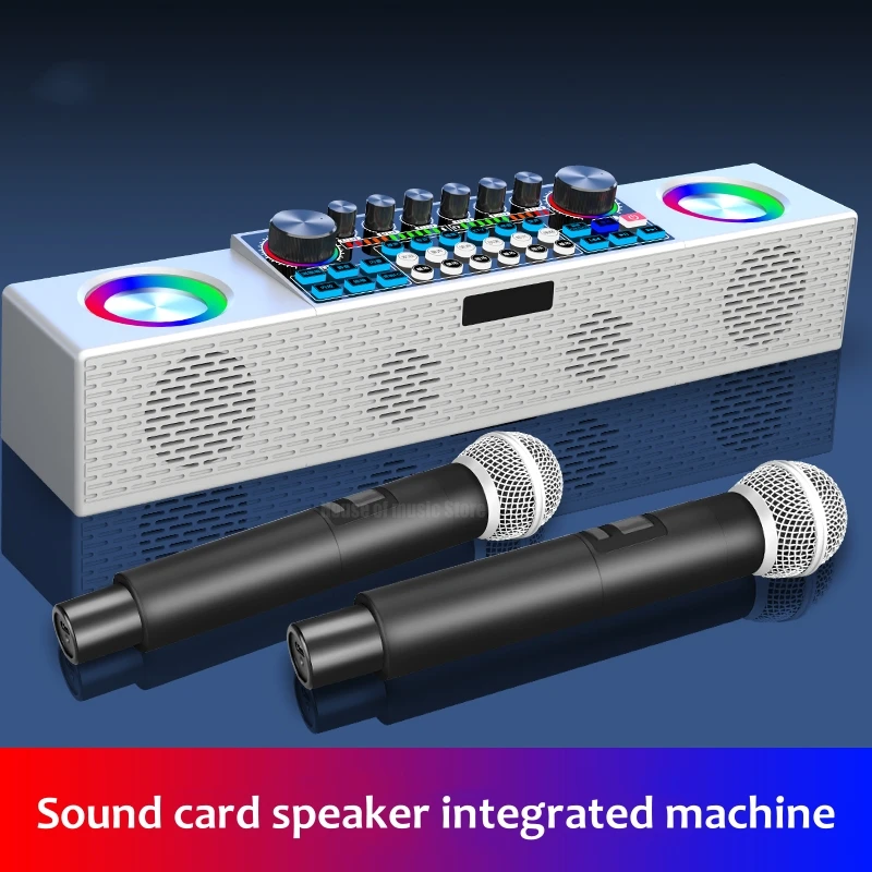 

Sound Card Speaker Integrated Machine Outdoor Portable Wireless Bluetooth Speaker Live Audio Equipment With 2 Karaoke Microphone