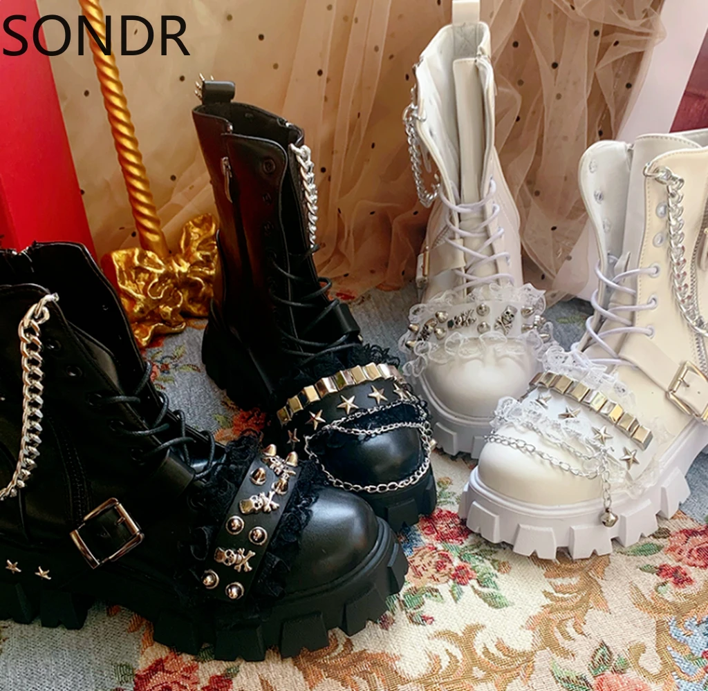 Botines con punta redonda y cadena Metal mujer, botines góticos Punk plataforma, tacón grueso, Creepers, estilo japonés Harajuku Dark A01|Botas hasta el tobillo| - AliExpress
