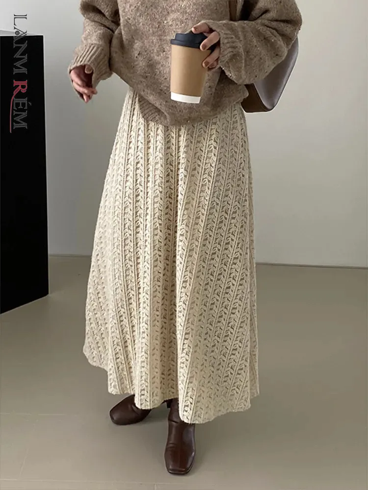 

[LANMREM] French Style Lace Hollow Out Design Skirts For Women Solid Elastic High Waist A-line Skirt 2024 Spring New 26D6606