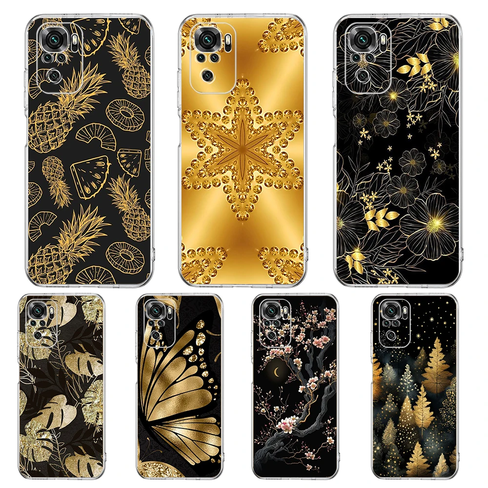 Goldfolie Kunst Handyhülle für Redmi 12 Note 10 11 11T 7 8 8T 9 K40 Gaming 9A 9C Pro Plus 5G Transparente Hülle Coque Capas