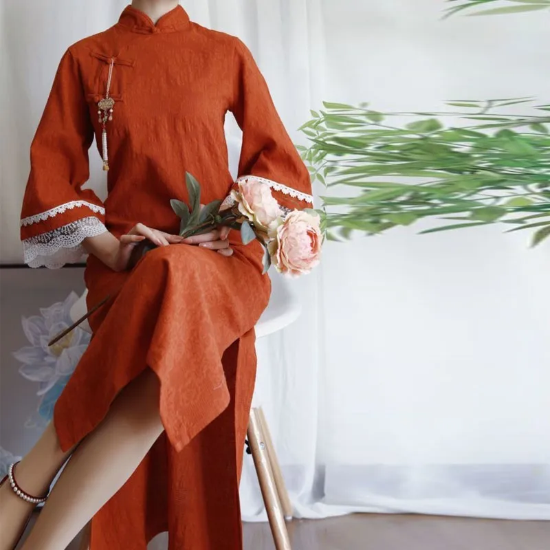 

Summer Daily Original Chinese Style Qipao Dress Vintage Inverted Big-sleeve Improved Cheongsam Cotton LooseDresses For Women