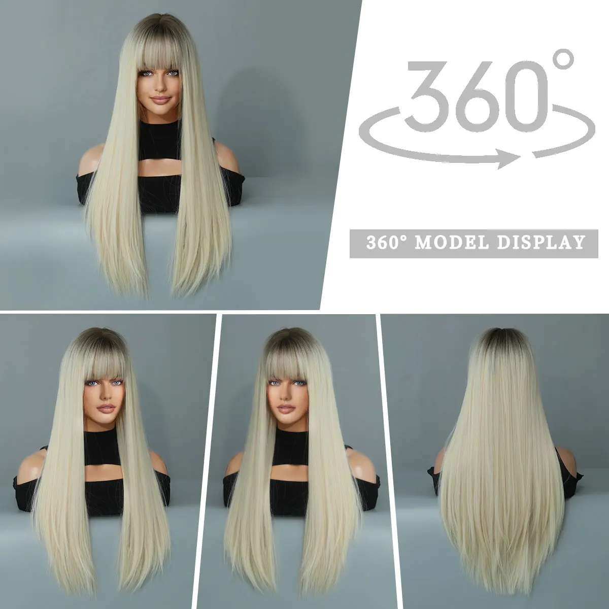 7JHH WIGS Platinum Blond Hair Wig for Woman Daily Party Long Straight Wavy Wig with Bangs Heat Resistant Fiber Synthetic Wigs