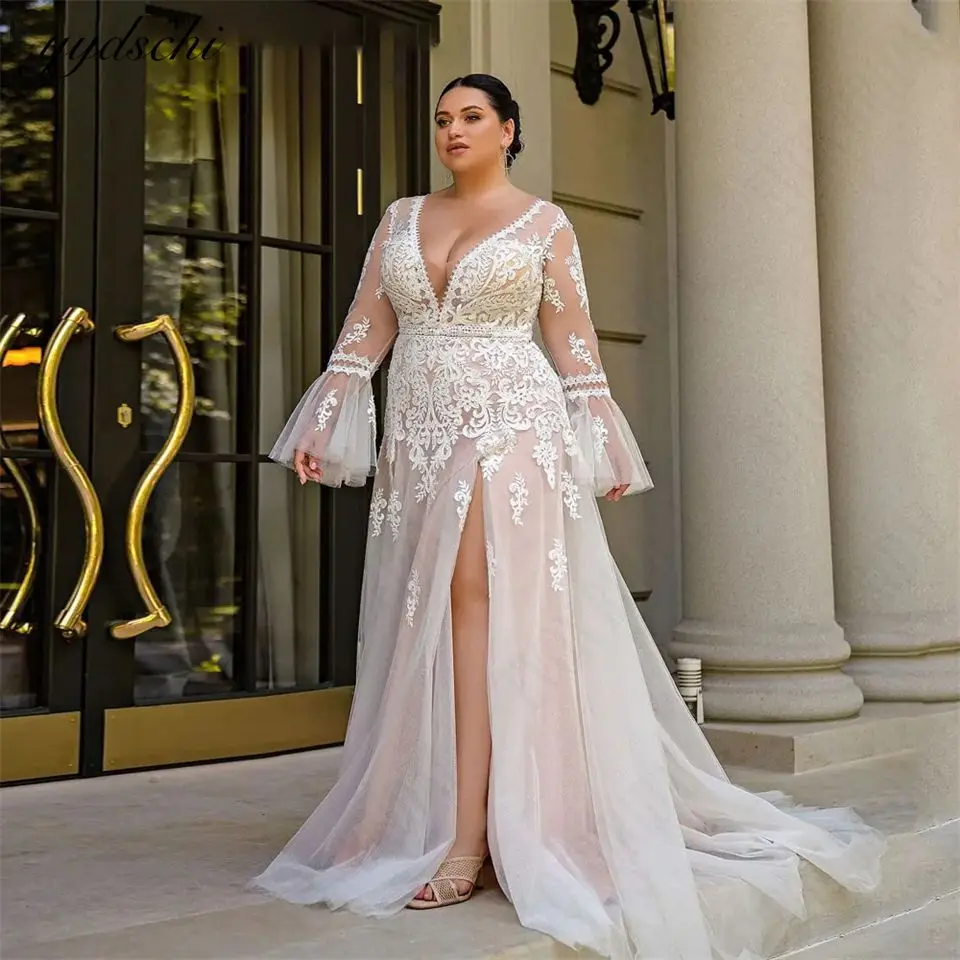 

Sexy 2024 Full Sleeves O-Neck High Slit Appliques Illusion Wedding Dress A-line Tulle Court Train Bridal Gown Vestido De Noiva