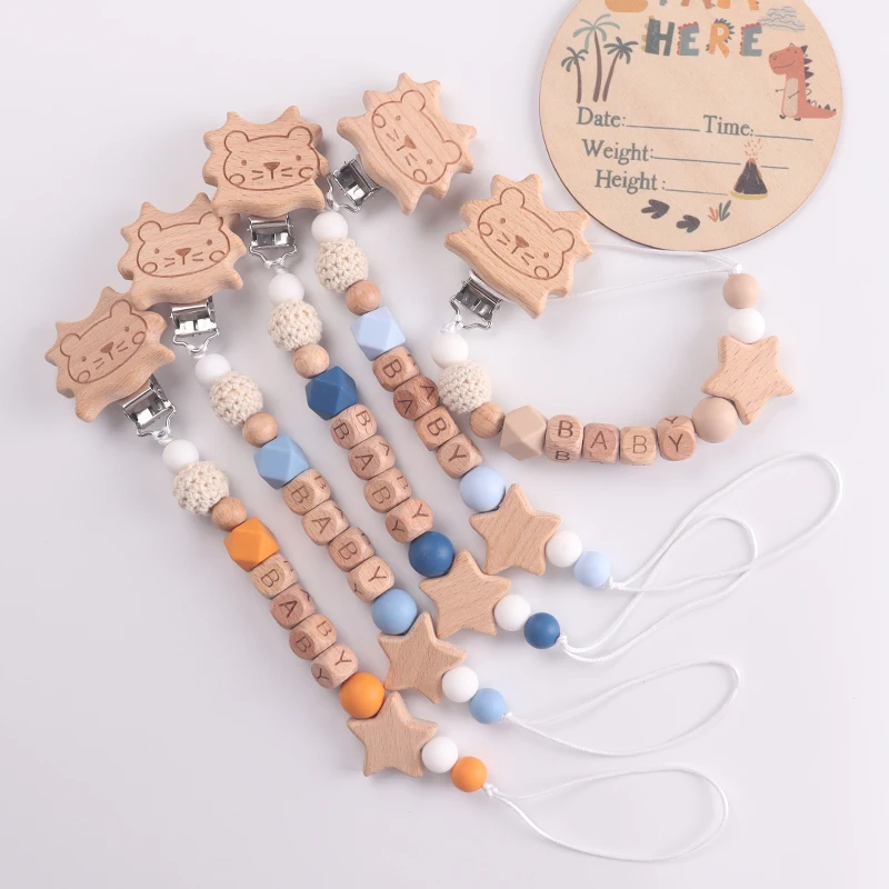 Wooden Baby Pacifier Clip, Cute Lion & Star Design, Anti - Drop Soother Holder, Natural Wood & Silicone Beads, Infant Essentials