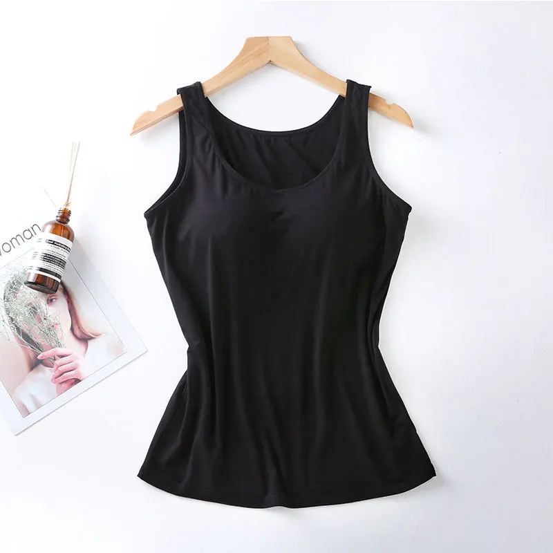 2023 Women's Vest Tops with Built In Bra Neck Vest Padded Slim Fit