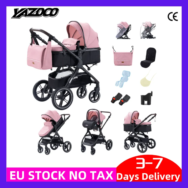 3 in 1 Baby Stroller with Car Seat and Sleeping Basket Multifunction Baby Pram Compact Folding Pram Lightweight Infant Pushchair