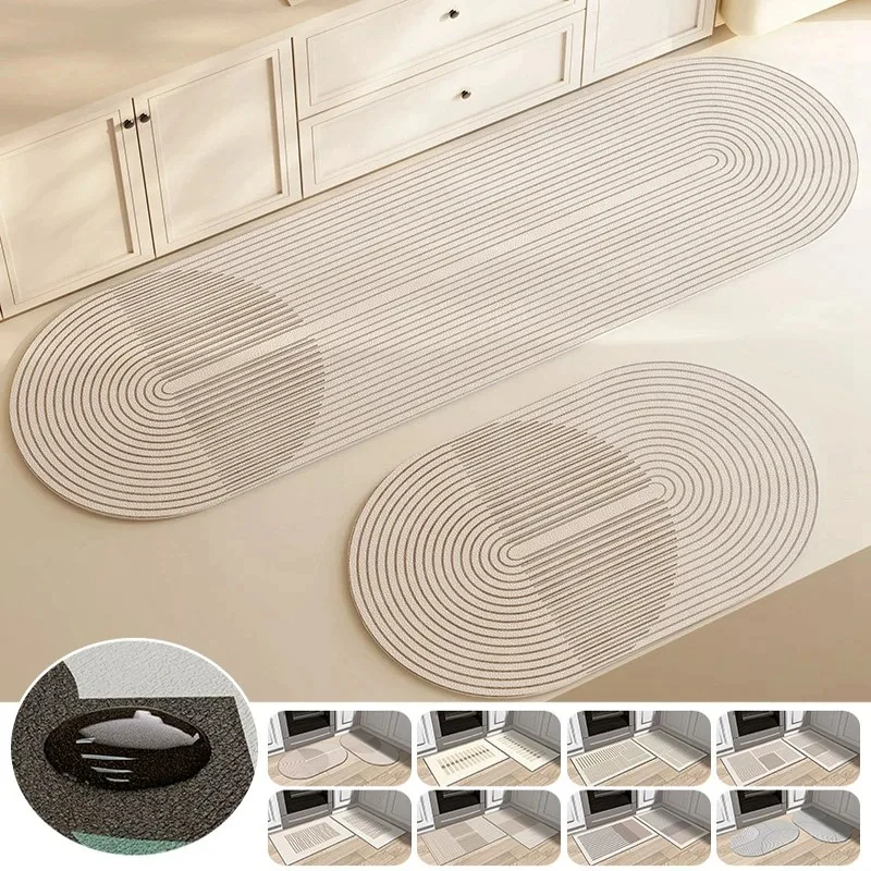 Description Picture 3 of itemSuper Absorbent Kitchen Mat Non-slip Diatomite Kitchen Rug Elliptical Long Carpet Simple Line Bathroom Mat Kitchen Supplies