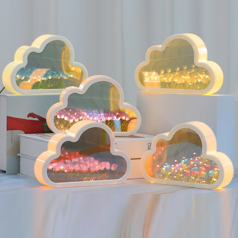 

DIY Tulip Night Light Cloud Shape Mirror Simulation Flower Sleeping Table Lamp Home Bedroom Decoration Birthday Gifts For Teen