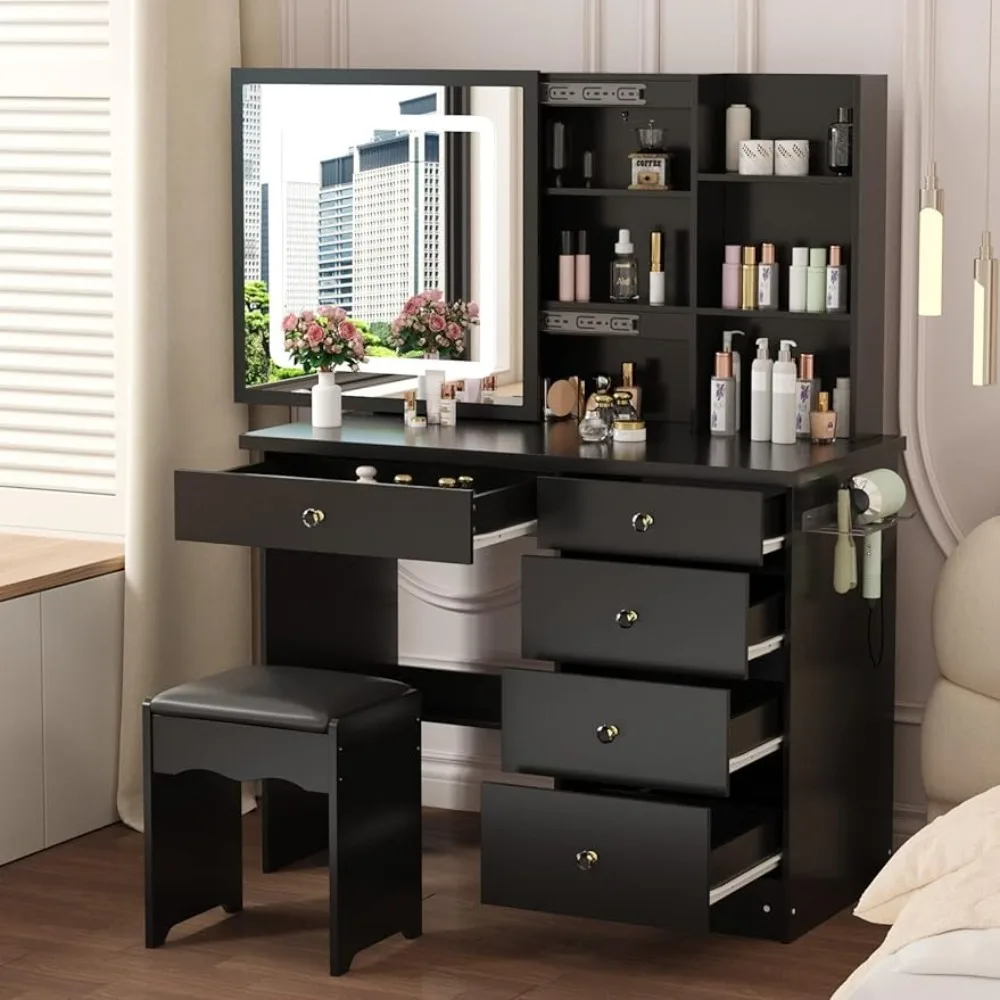 

Vanity Desk Set Makeup Table with Large Sliding Lighted Mirror, Power Strip and Hair Dryer Holder, Dressing Table with Drawers