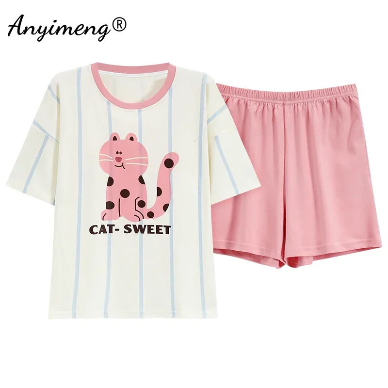 Pure Cotton Pajamas for Women Summer Cartoon Print Sleepwear Plus Size