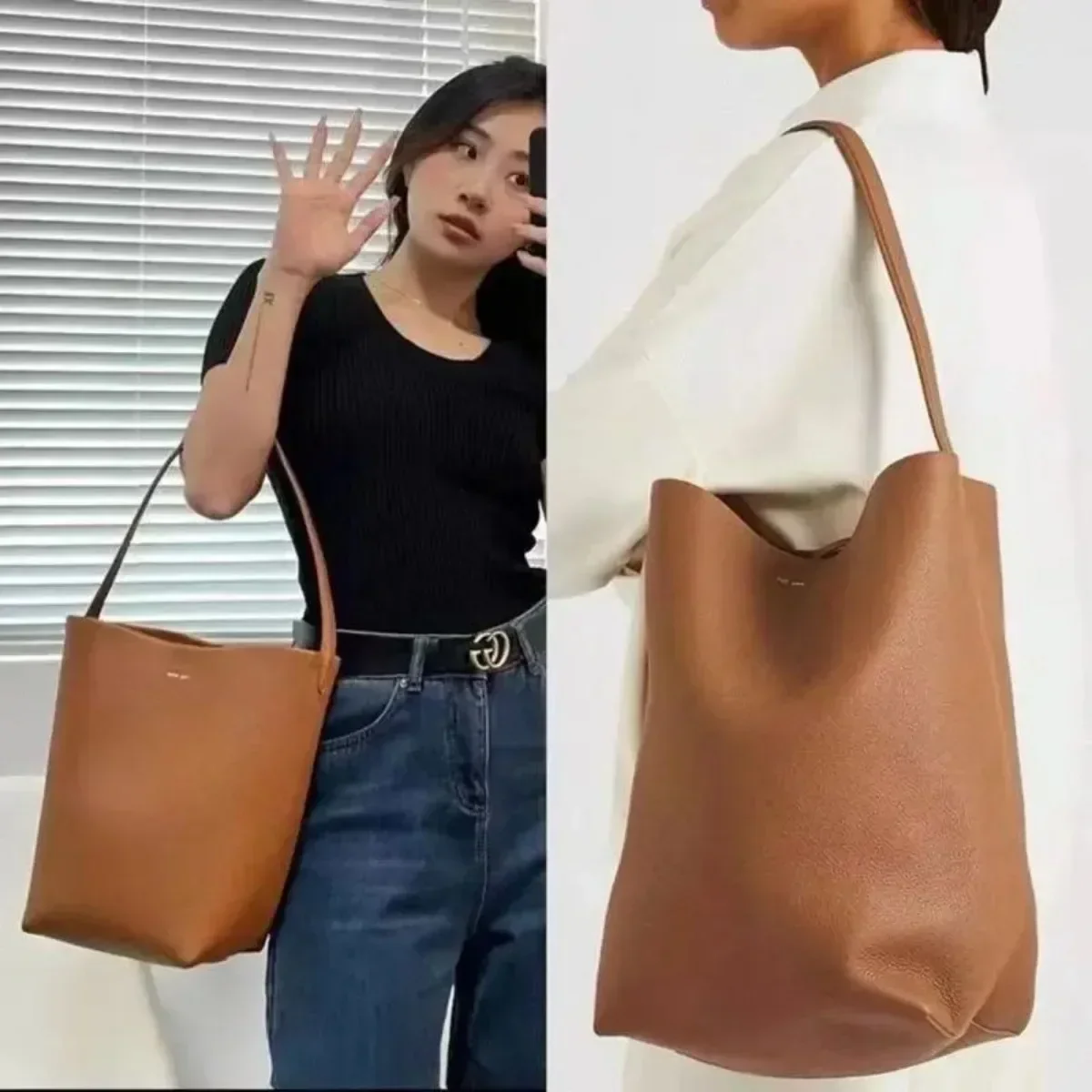 Large Capacity Women Bag Lazy Tote Leather Single Shoulder Bag Genuine Leather Handbag Casual Daypack Waist Pack Bucket Handbag