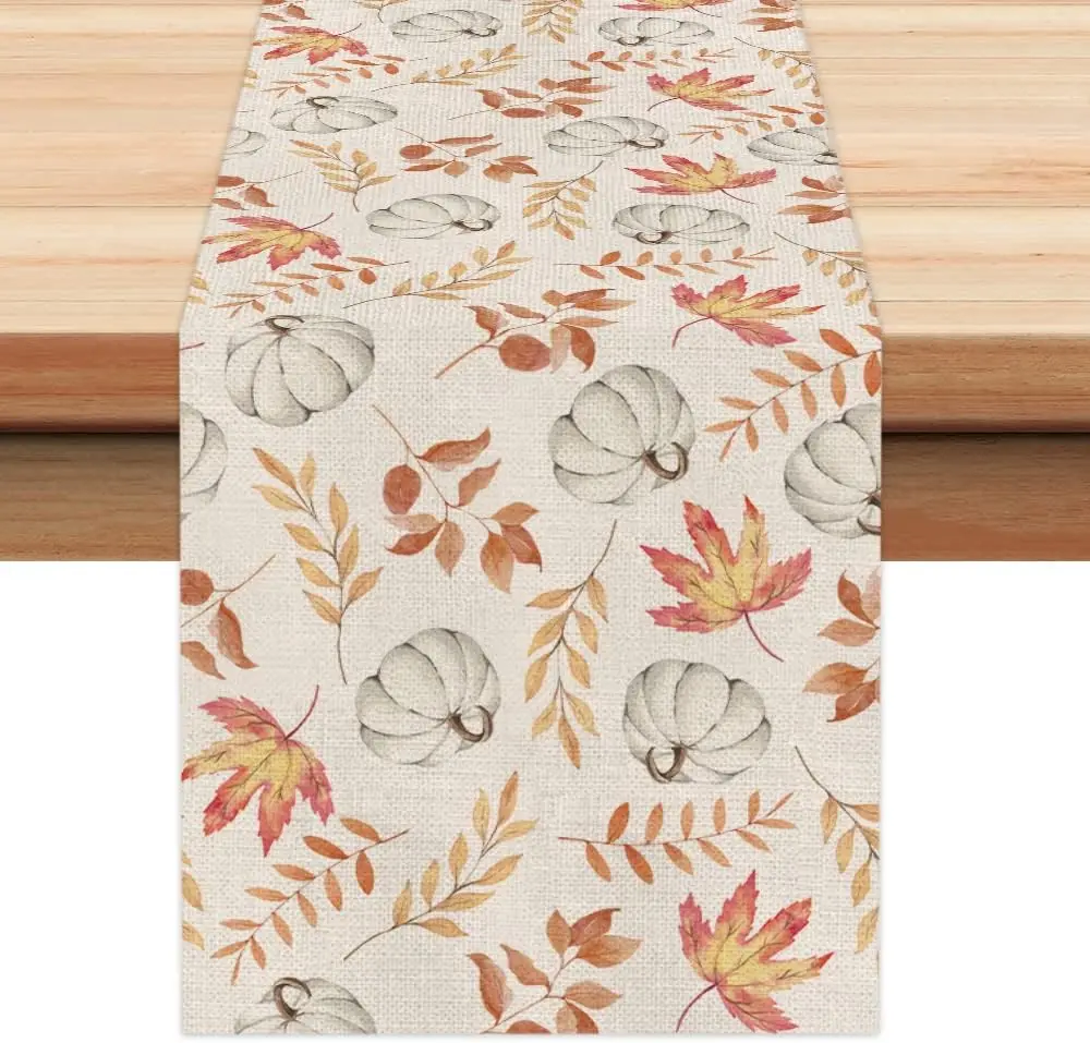 

Fall Thanksgiving Table Runner Pumpkin Maple Leaf Seasonal Burlap Farmhouse Indoor Table Autumn Decoration for Home Party Decor