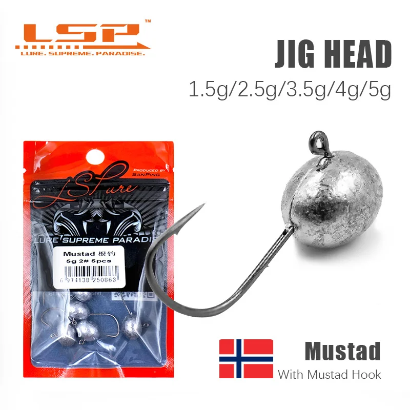 LSP Jig Head Hook 5PCS Jig Fishing Hook With Mustad Rock Fishing Hooks Double Barbs 1.5 2.5 3.5 4 5g Jig Pike Fish Accessories