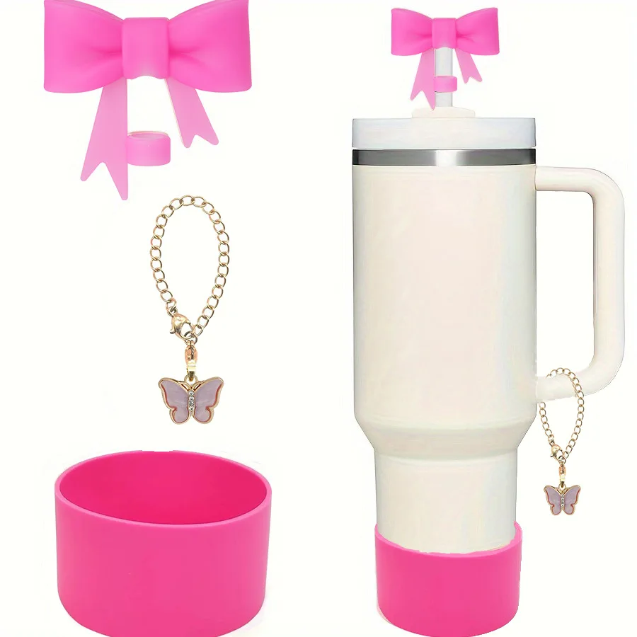 Set of 3 Cute Reusable Silicone Bow Straw Cap Covers and Water Bottle Protective Boots