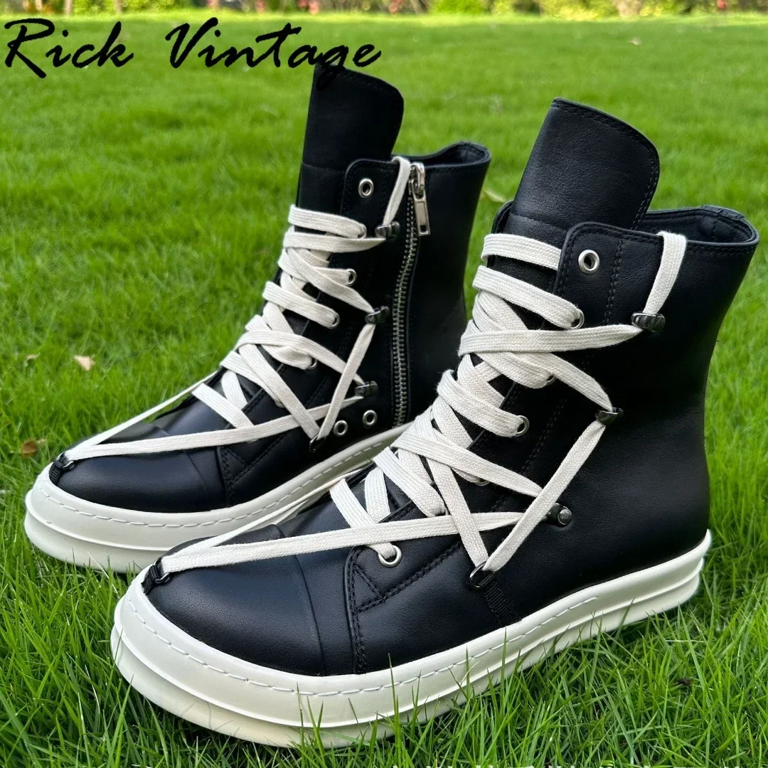 

Rick Vintage Womenreal Leather Motorcycle Boots Popular Street Casual Shoes Man High-top Leather Sneakers Zippers Running Shoes