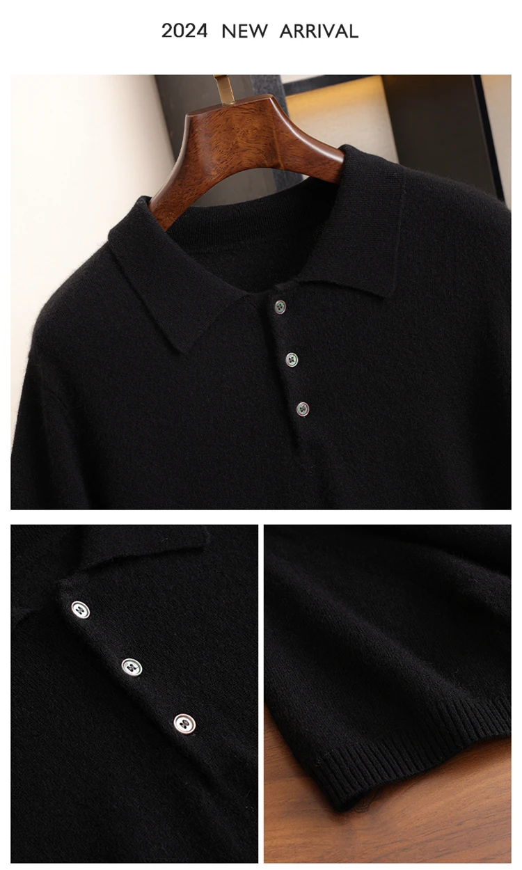 قميص بولو رجالي قصير الأكمام من الكشمير 100٪ للأعمال والملابس غير الرسمية، سترة للربيع والصيف