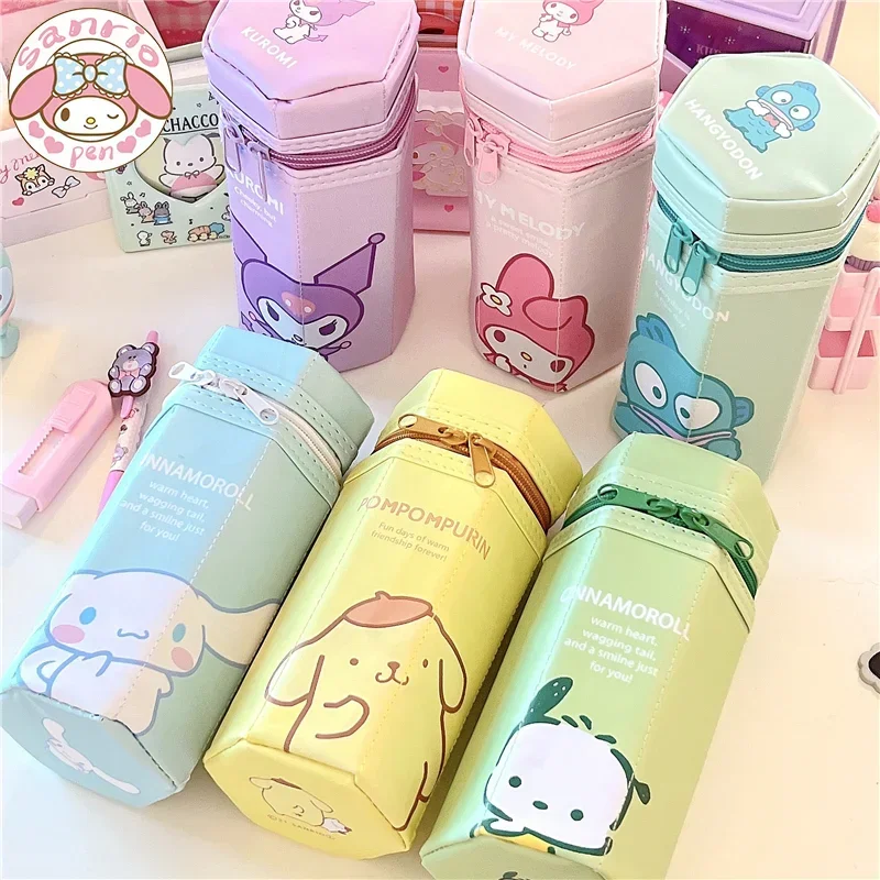 

2024 New Kawaii Sanrio Pencil Case Hexagonal Vertical Pen Box Kuromi My Melody Cinnamoroll Pen Bag Student Stationery Girls Gift