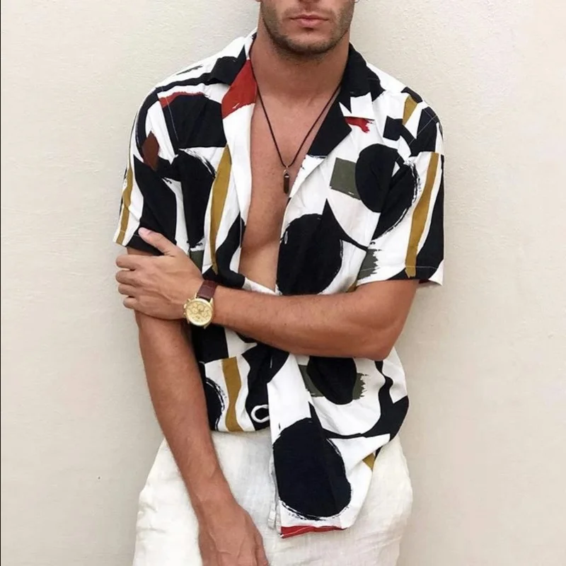 2022 Men's Fashion Personality Lapel Printed Shirts European and American Fashion Shirts Short Sleeves High-end New Men Clothing